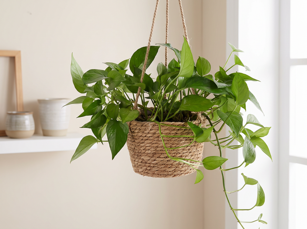 Jute Rope Hanging Woven Basket Planter for Indoor or Outdoor Plants in a realistic home setting