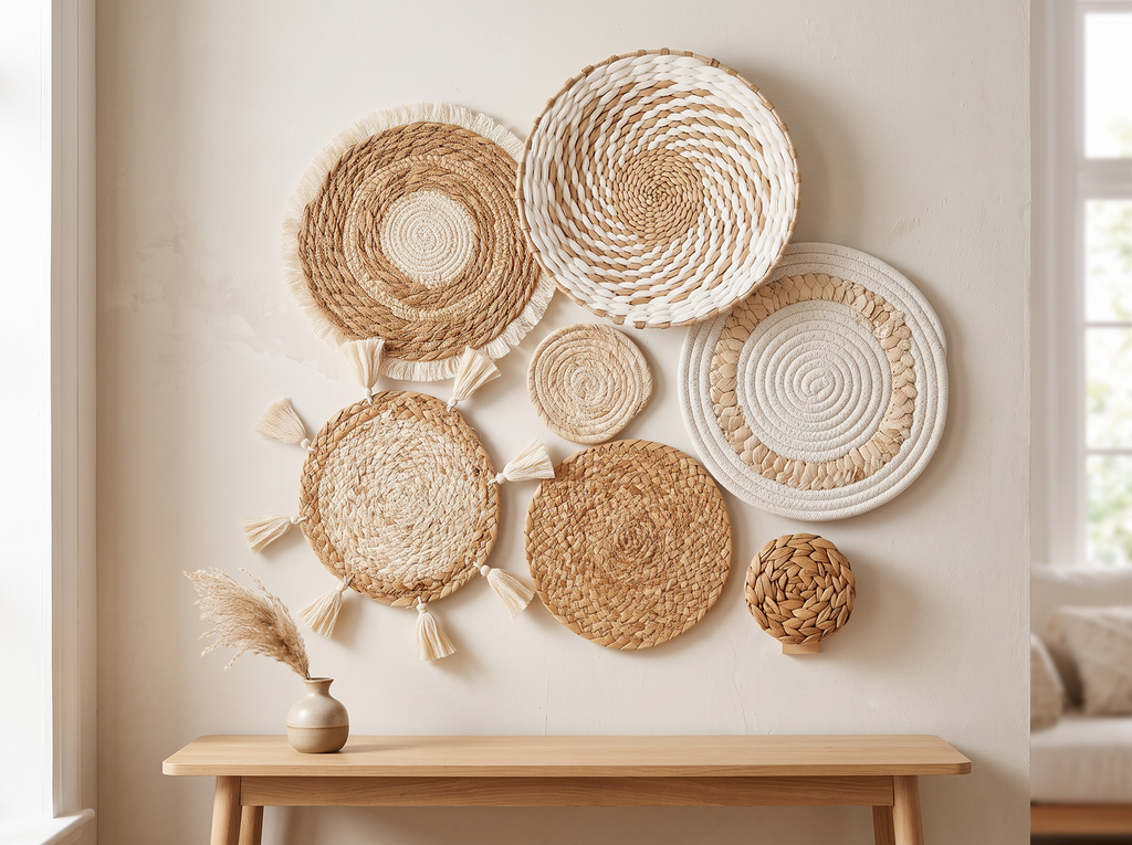 Set of 7 Handwoven Rattan Wall Baskets, Boho Decor for Living Room or Bedroom in a realistic home setting