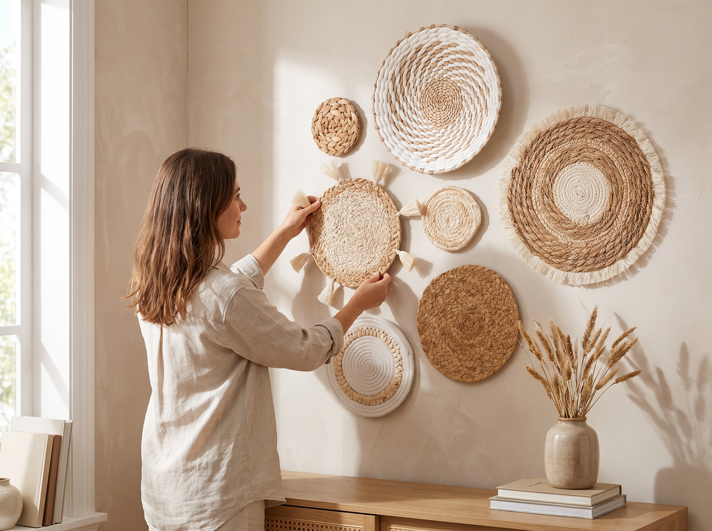 Set of 7 Handwoven Rattan Wall Baskets, Boho Decor for Living Room or Bedroom shown in natural everyday use at home