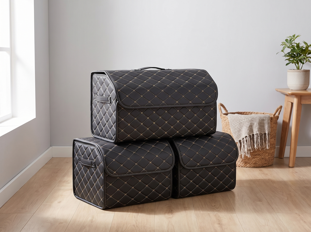 Folding Car Trunk Storage Box with Handle, Quilted PU, 3 Sizes, 3 Colors in a realistic home setting