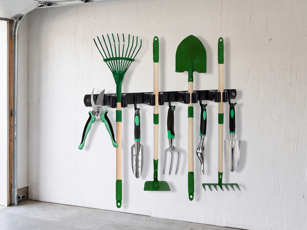 Wall-Mounted Metal Tool Rack with Hooks for Garage, Garden, or Utility Room in a realistic home setting