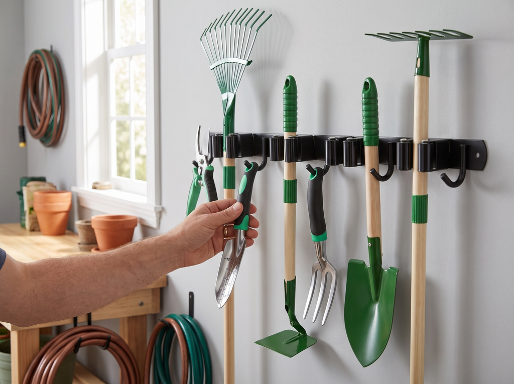 Wall-Mounted Metal Tool Rack with Hooks for Garage, Garden, or Utility Room shown in natural everyday use at home