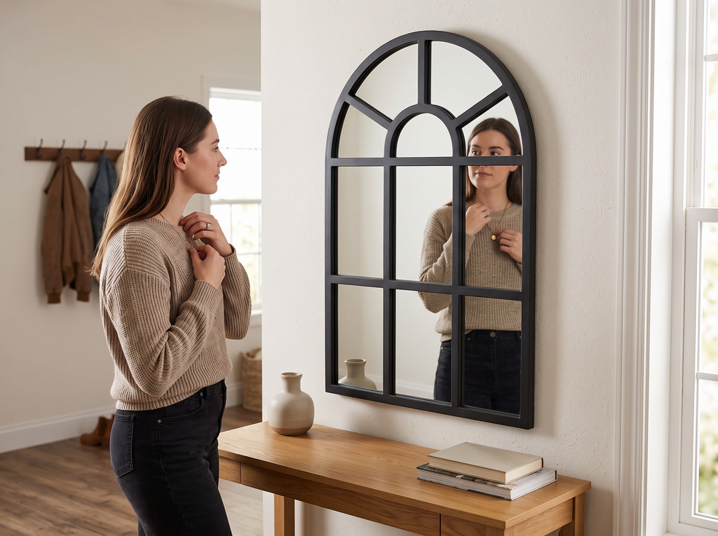 Arched Windowpane Wall Mirror with Black Frame for Entryway or Bedroom shown in natural everyday use at home