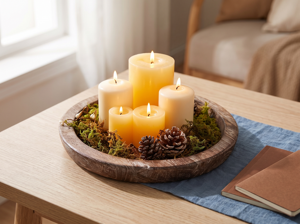 Round Wood Decorative Tray for Table Centerpiece, Candles, or Snacks in a realistic home setting