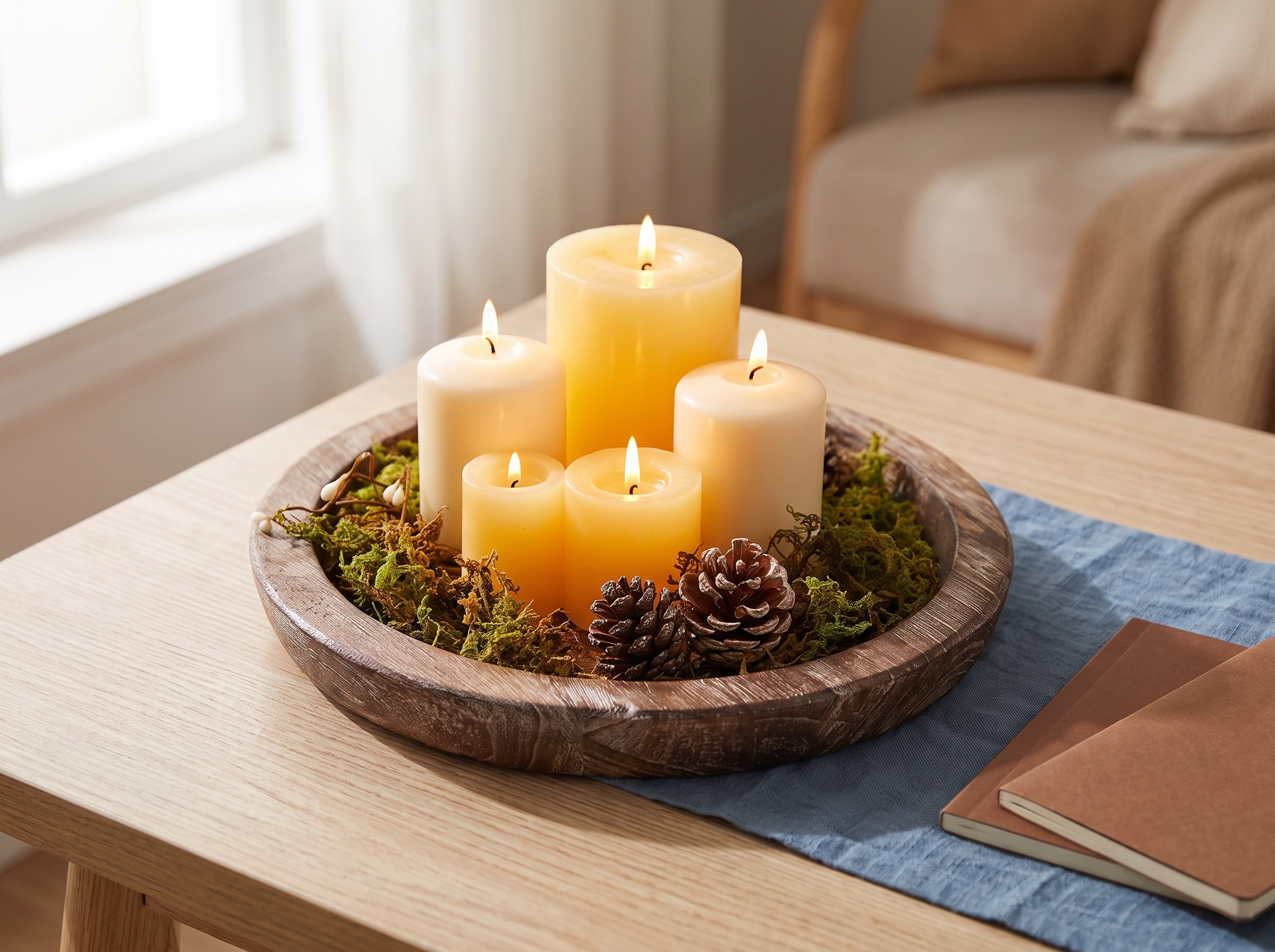 Round Wood Decorative Tray for Table Centerpiece, Candles, or Snacks in a realistic home setting