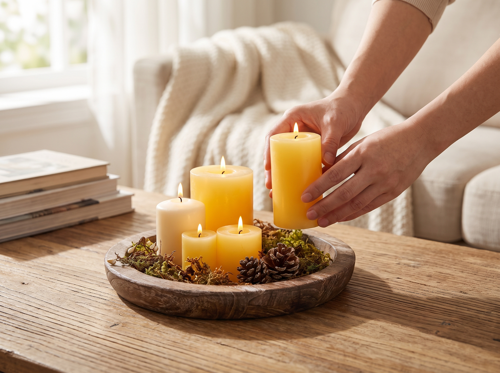 Round Wood Decorative Tray for Table Centerpiece, Candles, or Snacks shown in natural everyday use at home