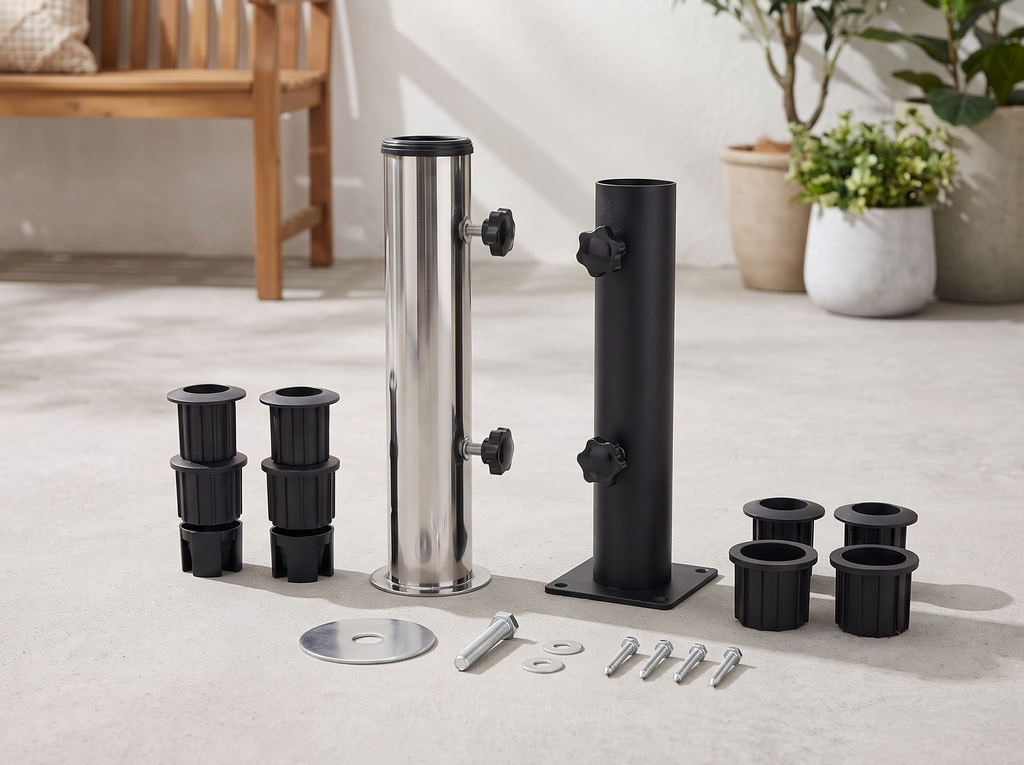 Stainless Steel Umbrella Stand Base for Patios, Balconies, and Gardens in a realistic home setting