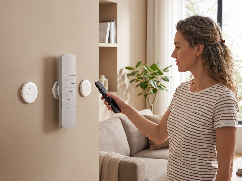 Magnetic Wall Mount Remote Control Holders, Set of 3/6/12, Adhesive Installation shown in natural everyday use at home