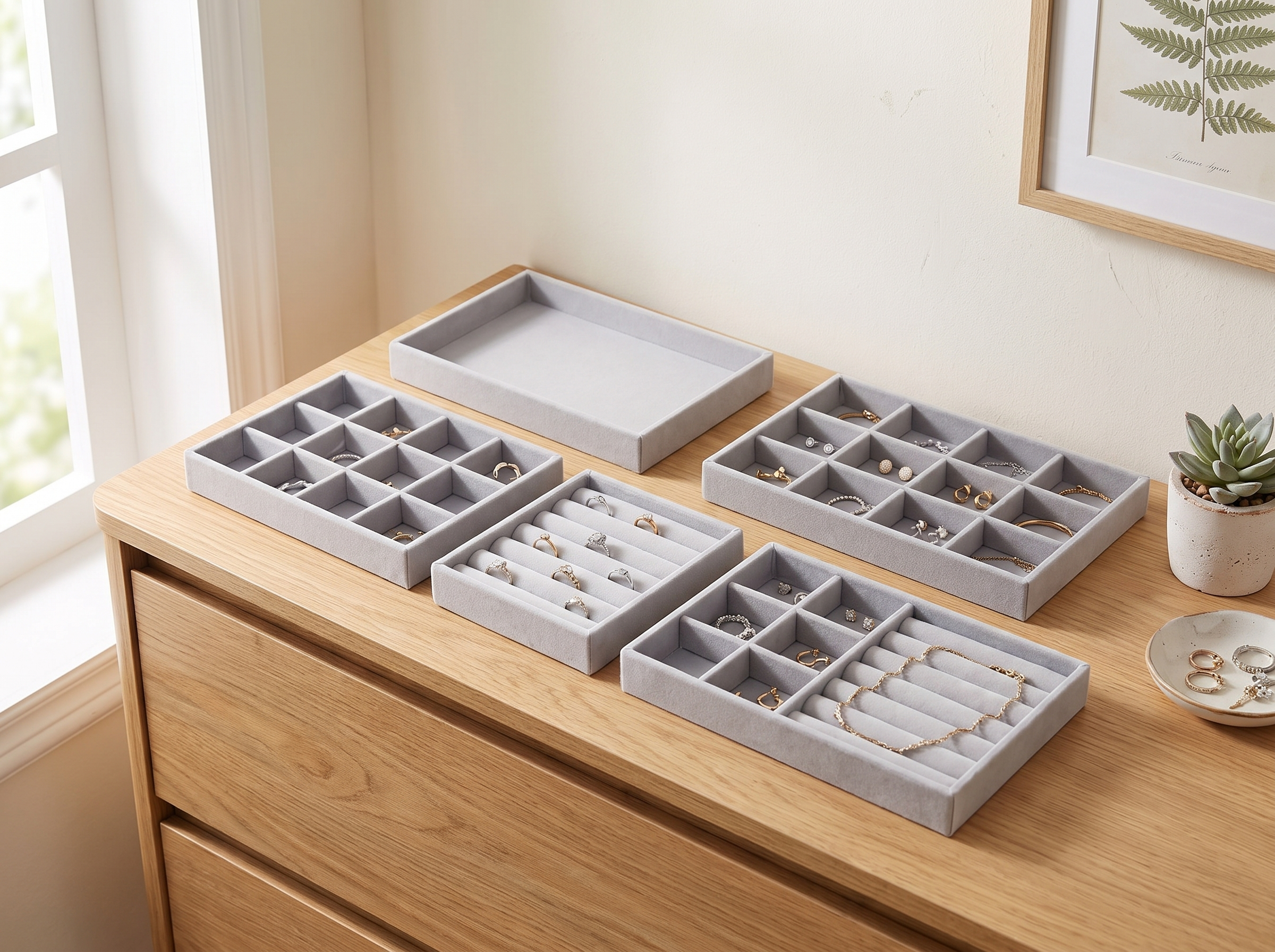 Soft Grey Velvet Jewelry Organizer Trays for Rings, Earrings, and Accessories in a realistic home setting