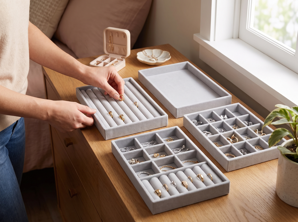 Soft Grey Velvet Jewelry Organizer Trays for Rings, Earrings, and Accessories shown in natural everyday use at home