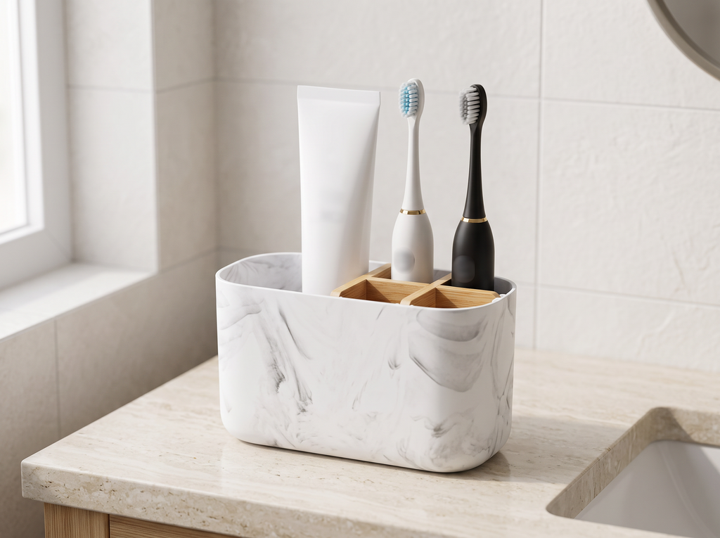 Bamboo Divider Toothbrush & Toothpaste Holder for Bathroom Counter Organization in a realistic home setting