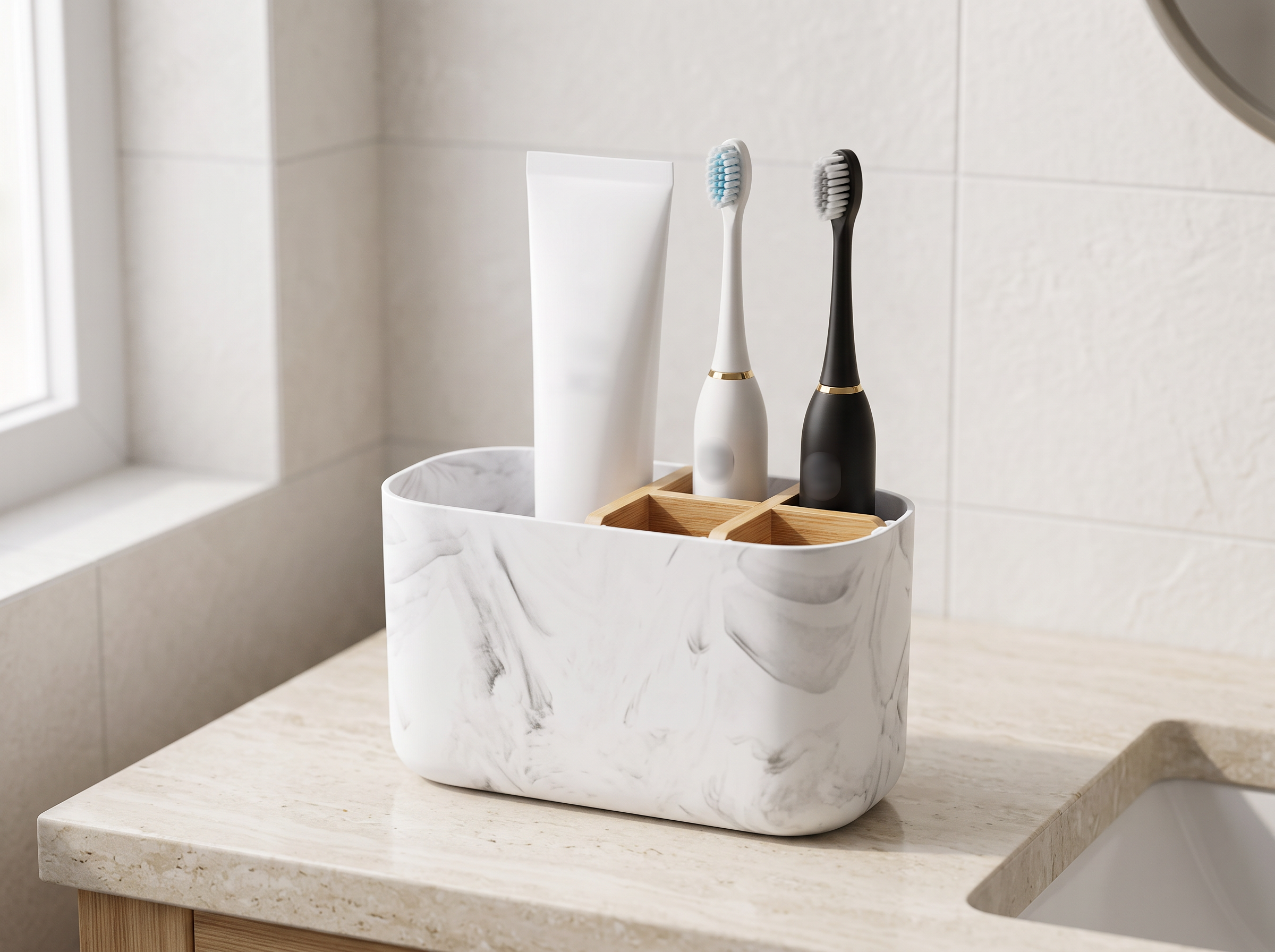 Bamboo Divider Toothbrush & Toothpaste Holder for Bathroom Counter Organization in a realistic home setting