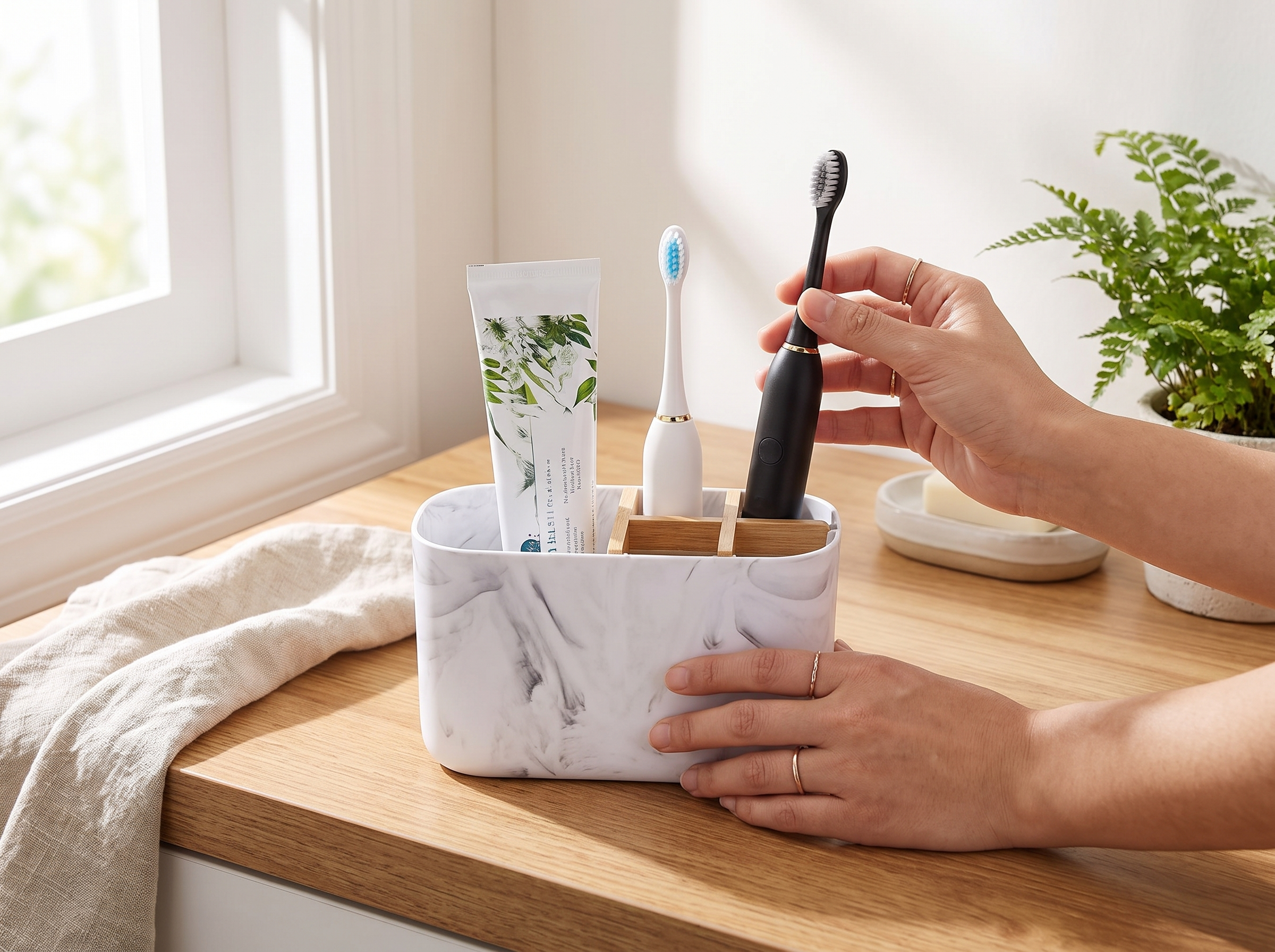 Bamboo Divider Toothbrush & Toothpaste Holder for Bathroom Counter Organization shown in natural everyday use at home