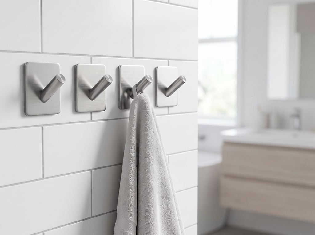 Adhesive Stainless Steel Hooks, 4-Pack – No-Drill Wall Hooks for Bathroom or Kitchen in a realistic home setting