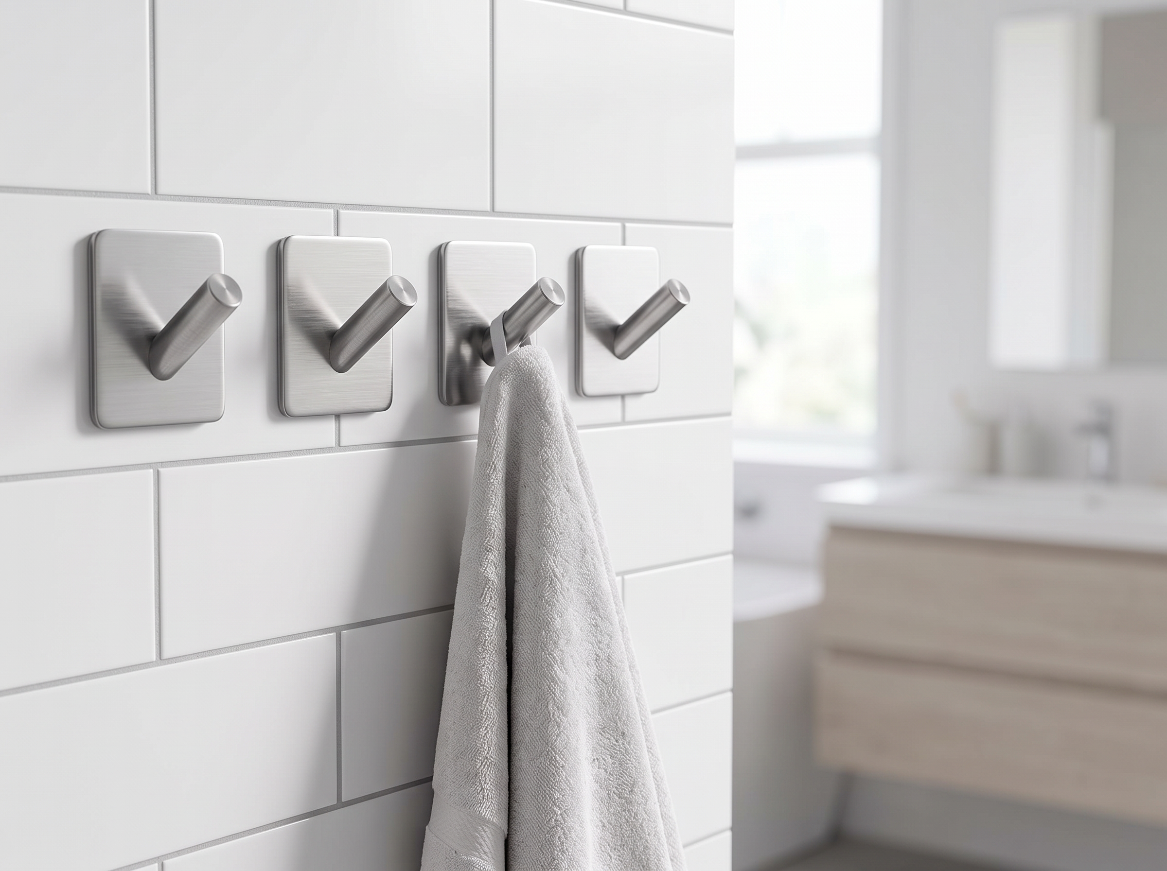 Adhesive Stainless Steel Hooks, 4-Pack – No-Drill Wall Hooks for Bathroom or Kitchen in a realistic home setting