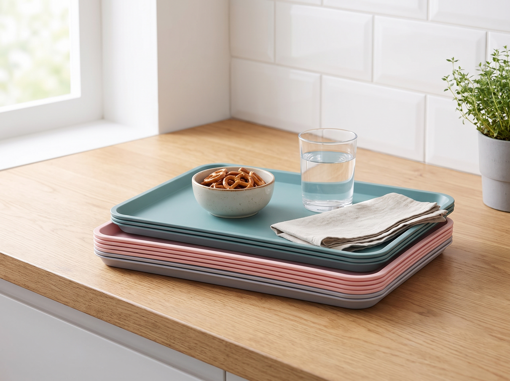 Matte Plastic Rectangular Tray for Serving Snacks, Drinks, or Everyday Catch-All in a realistic home setting
