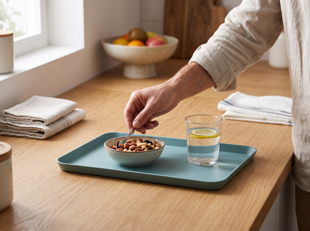 Matte Plastic Rectangular Tray for Serving Snacks, Drinks, or Everyday Catch-All shown in natural everyday use at home