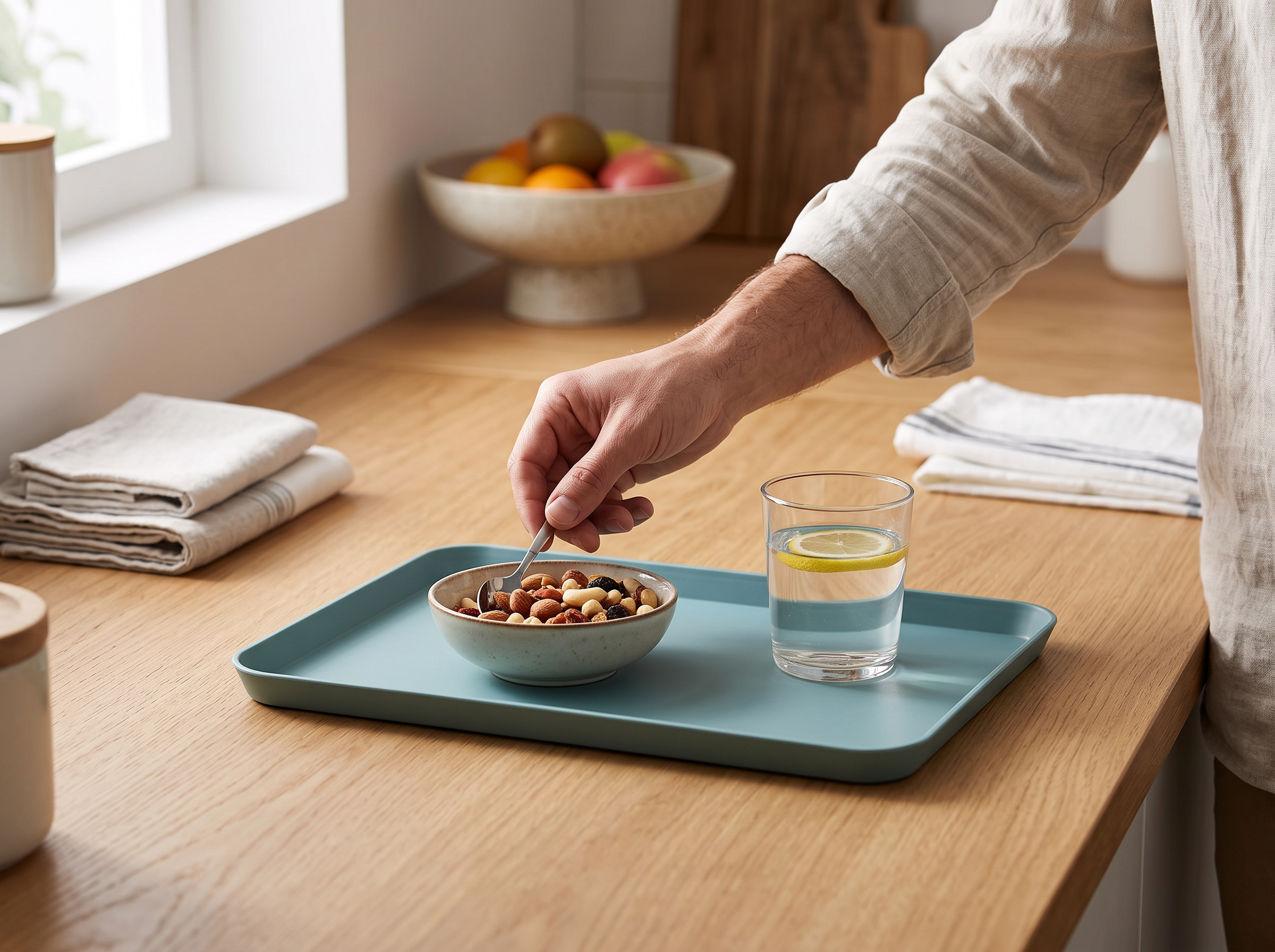 Matte Plastic Rectangular Tray for Serving Snacks, Drinks, or Everyday Catch-All shown in natural everyday use at home