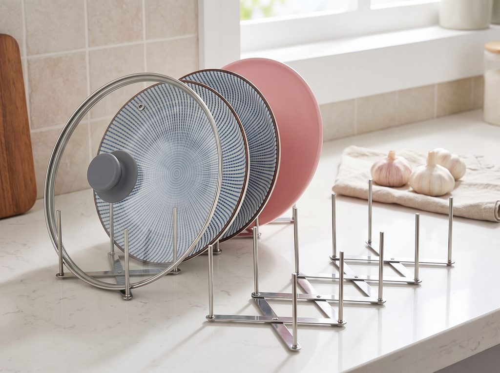 Retractable Stainless Steel Pot Lid and Plate Organizer Rack for Kitchen Counters in a realistic home setting