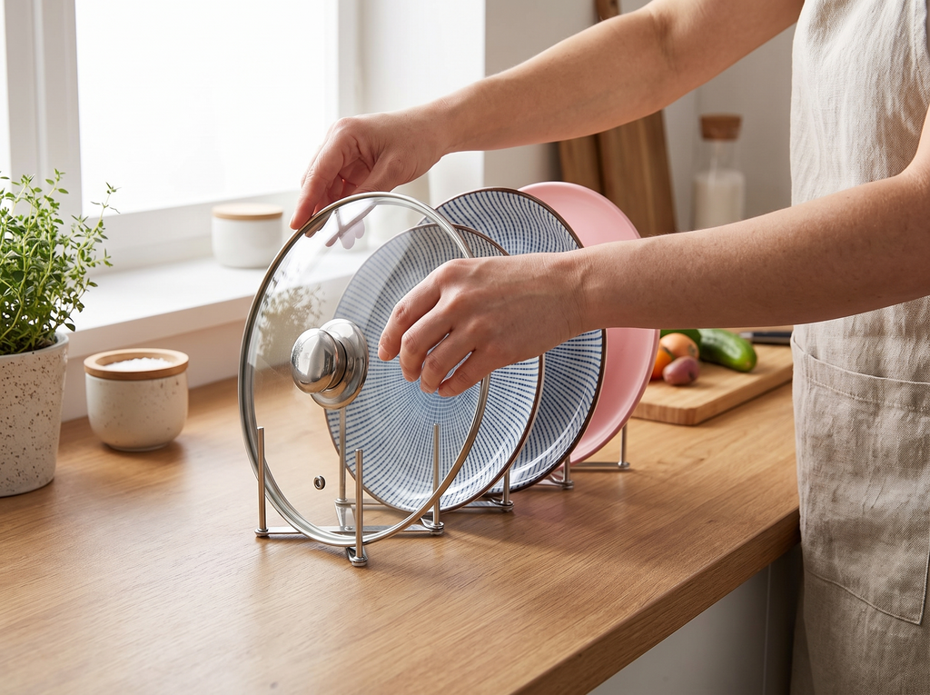Retractable Stainless Steel Pot Lid and Plate Organizer Rack for Kitchen Counters shown in natural everyday use at home