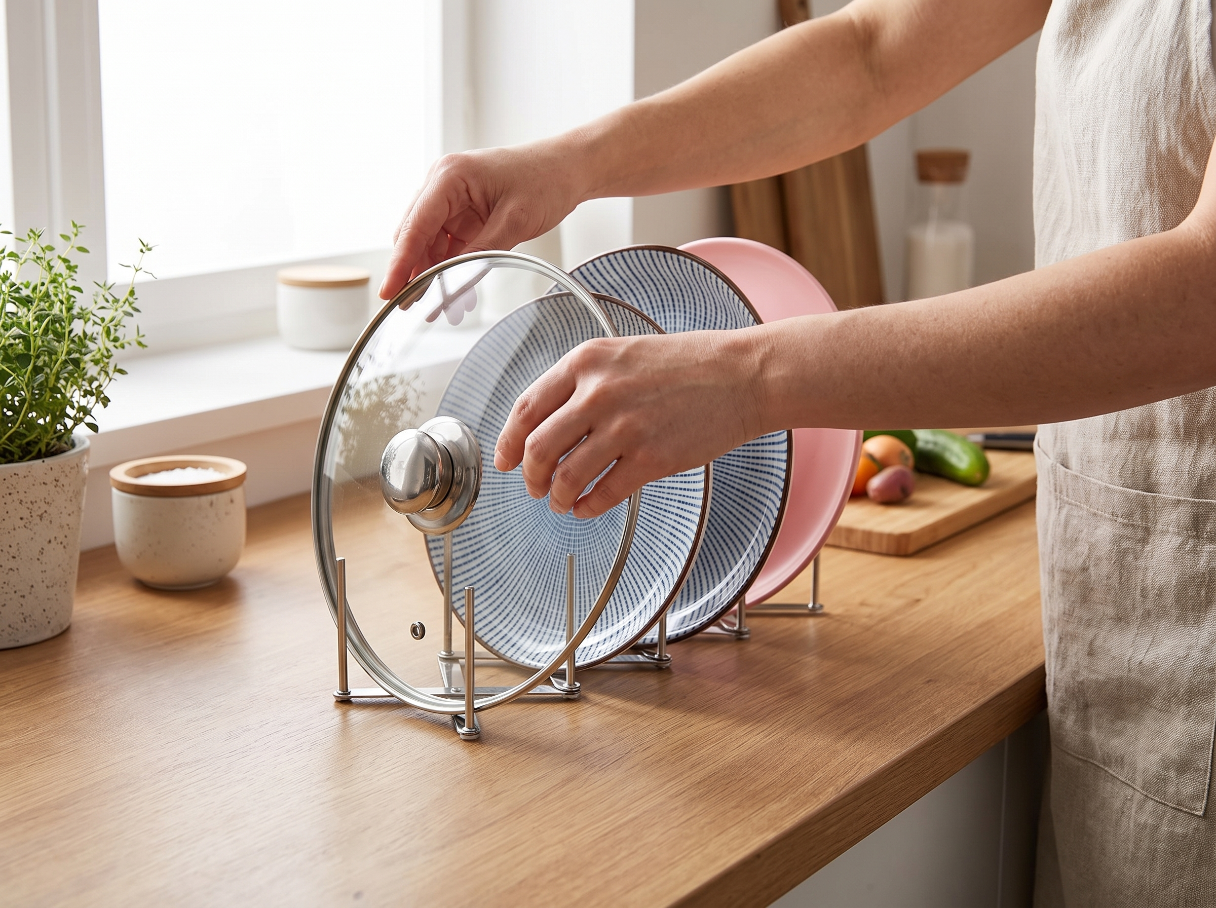 Retractable Stainless Steel Pot Lid and Plate Organizer Rack for Kitchen Counters shown in natural everyday use at home