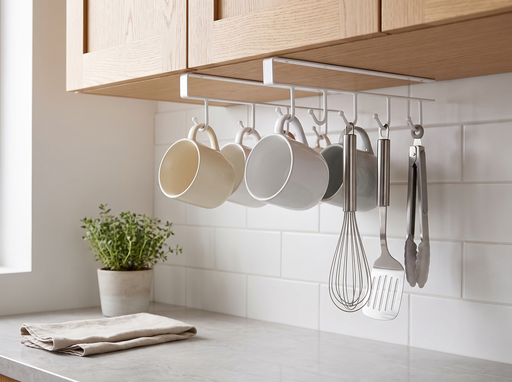 Under-Cabinet 6-Hook Hanging Rack for Mugs, Utensils, or Kitchen Storage in a realistic home setting
