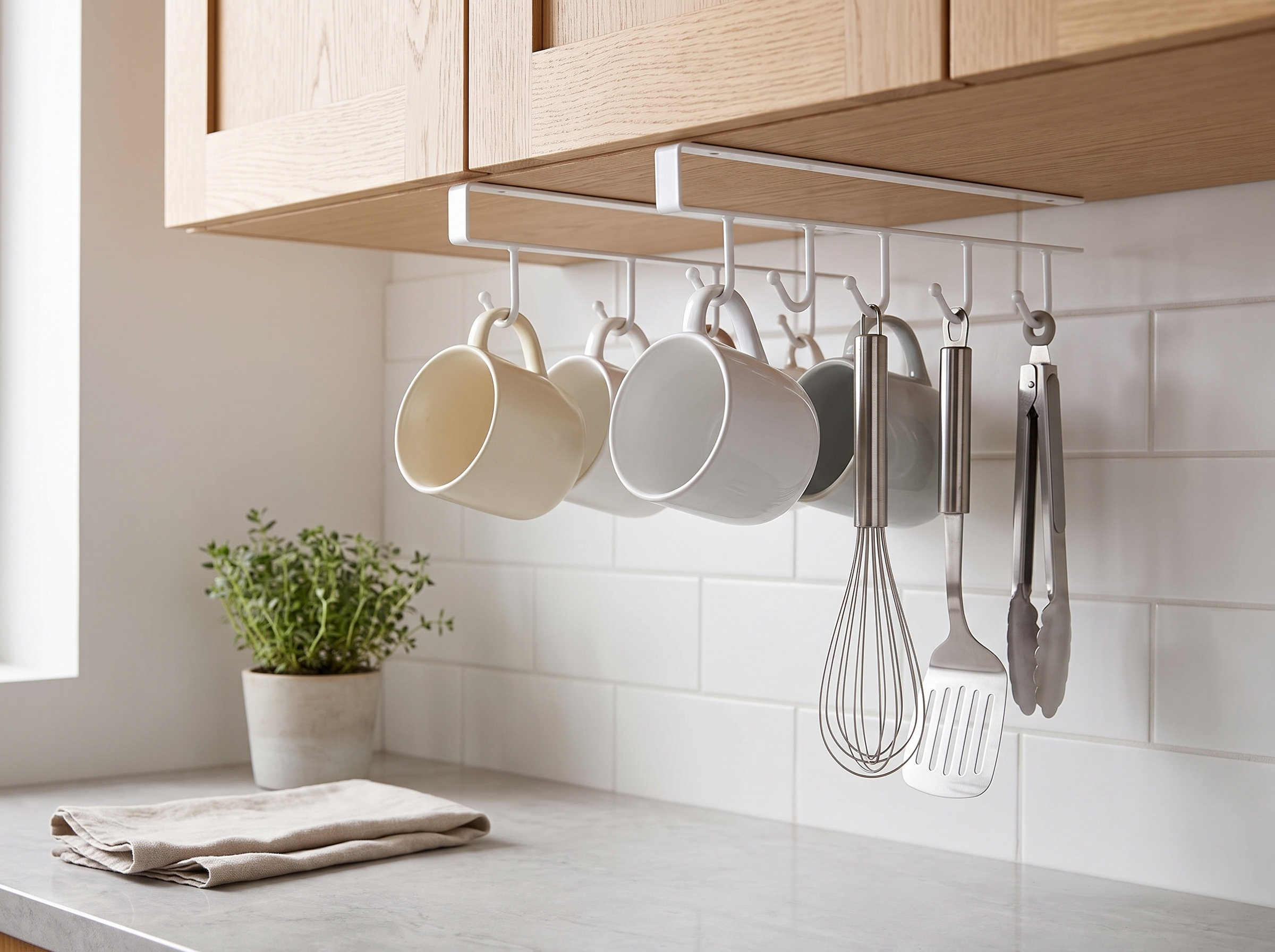 Under-Cabinet 6-Hook Hanging Rack for Mugs, Utensils, or Kitchen Storage in a realistic home setting