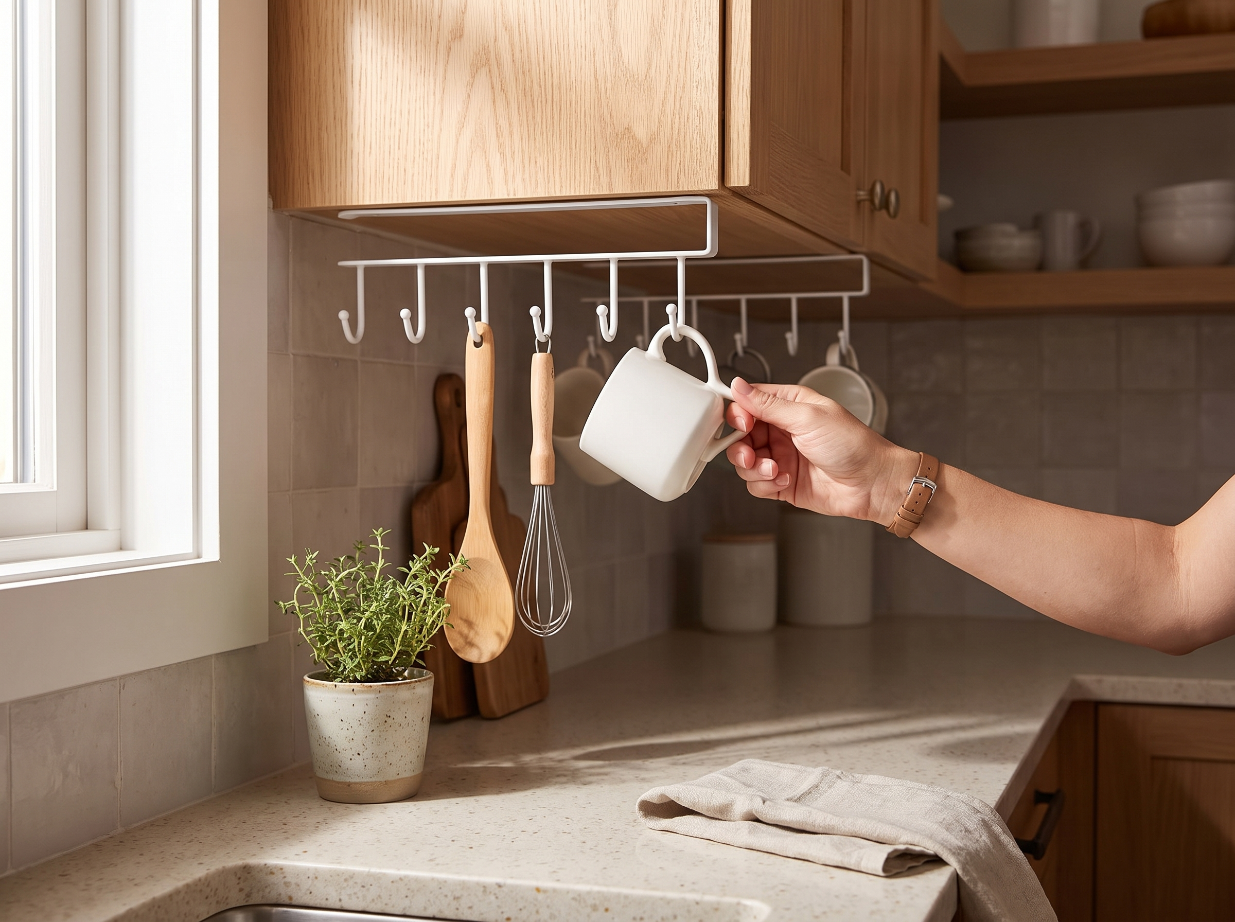 Under-Cabinet 6-Hook Hanging Rack for Mugs, Utensils, or Kitchen Storage shown in natural everyday use at home