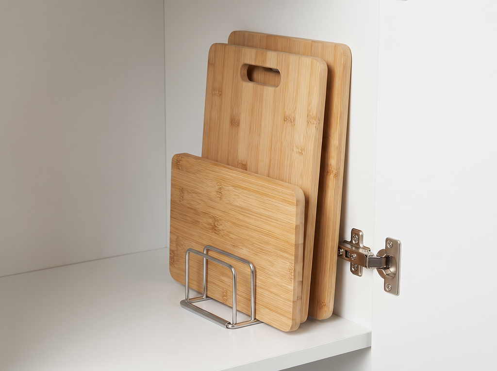 Stainless Steel Rack for Organizing Cutting Boards and Pot Lids on Counter or in Cabinet in a realistic home setting