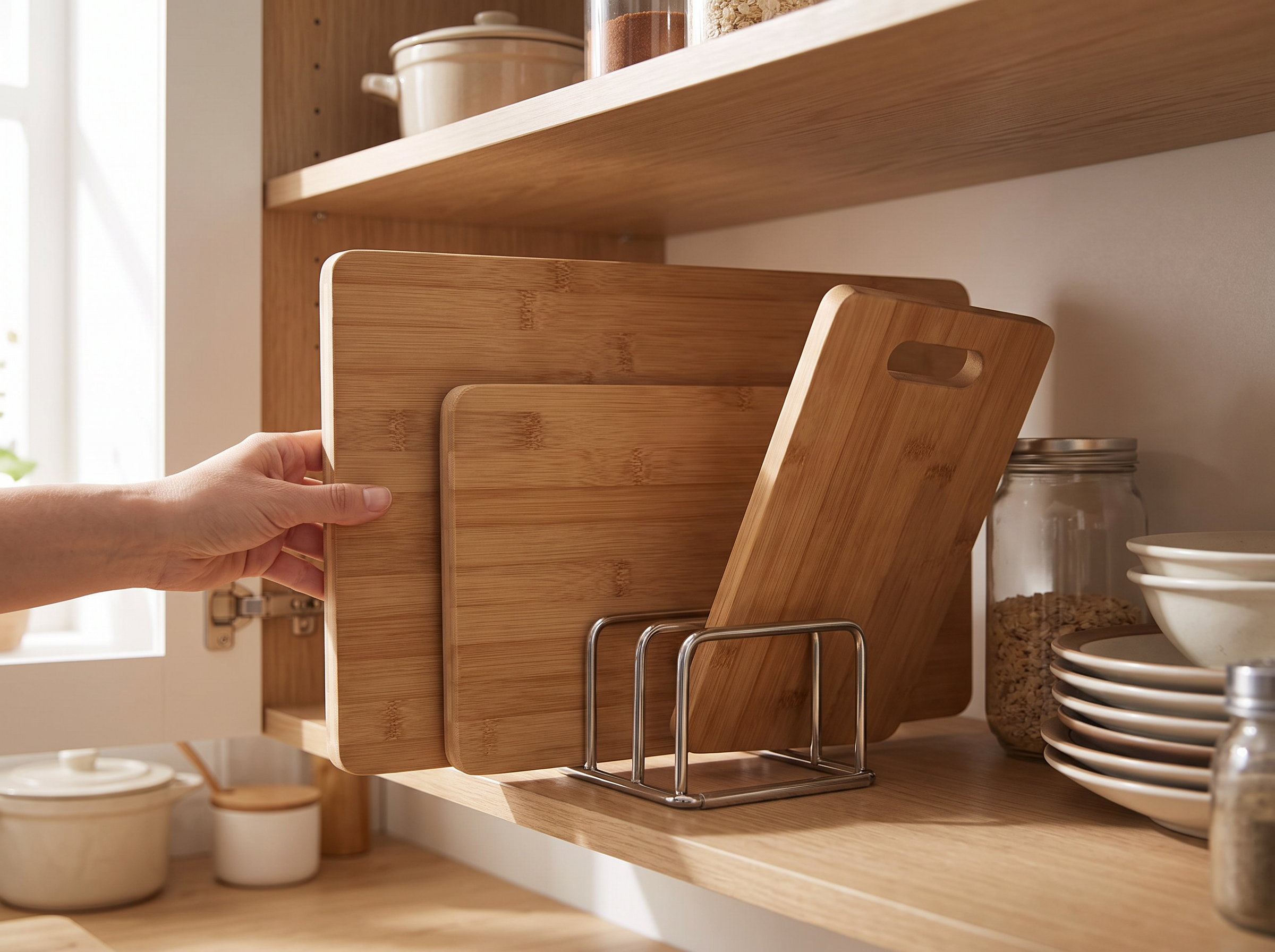 Stainless Steel Rack for Organizing Cutting Boards and Pot Lids on Counter or in Cabinet shown in natural everyday use at home