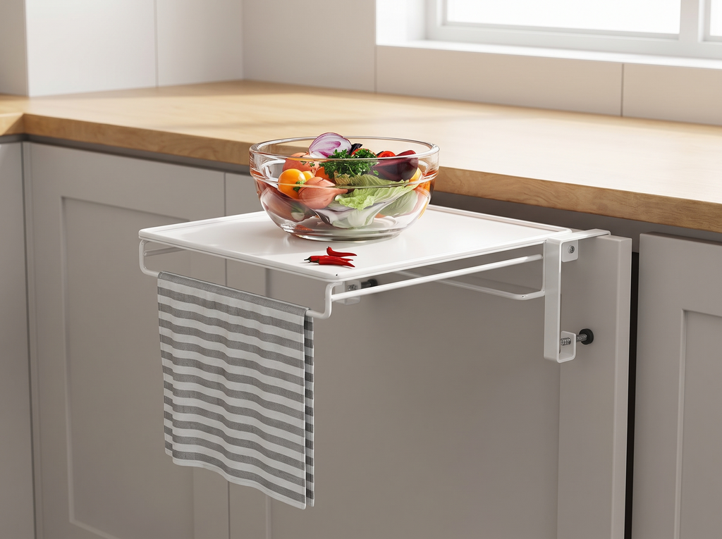 Foldable Over-Cabinet Counter Shelf with Towel Rack — Space-Saving Kitchen Organizer in a realistic home setting
