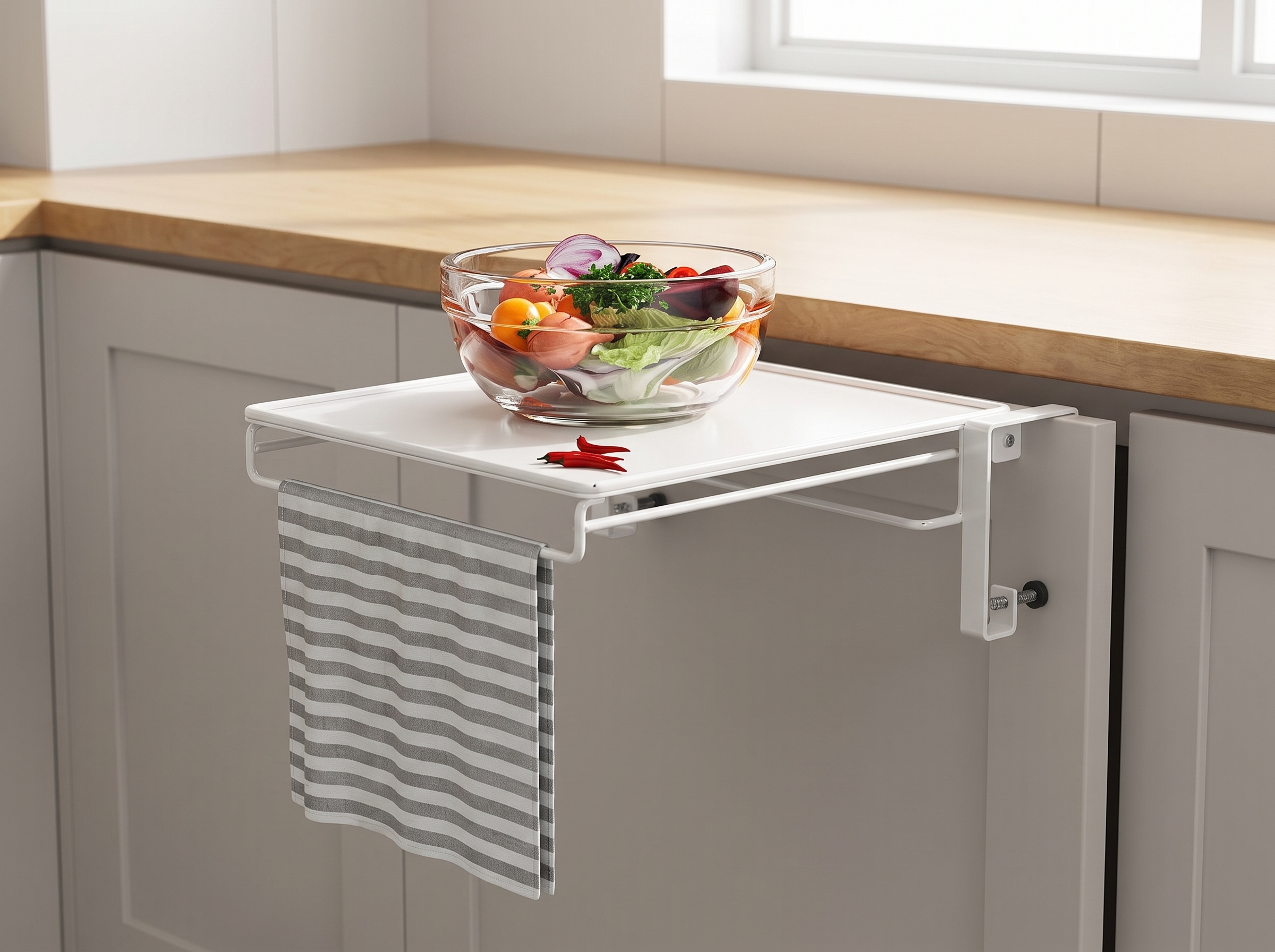 Foldable Over-Cabinet Counter Shelf with Towel Rack — Space-Saving Kitchen Organizer in a realistic home setting