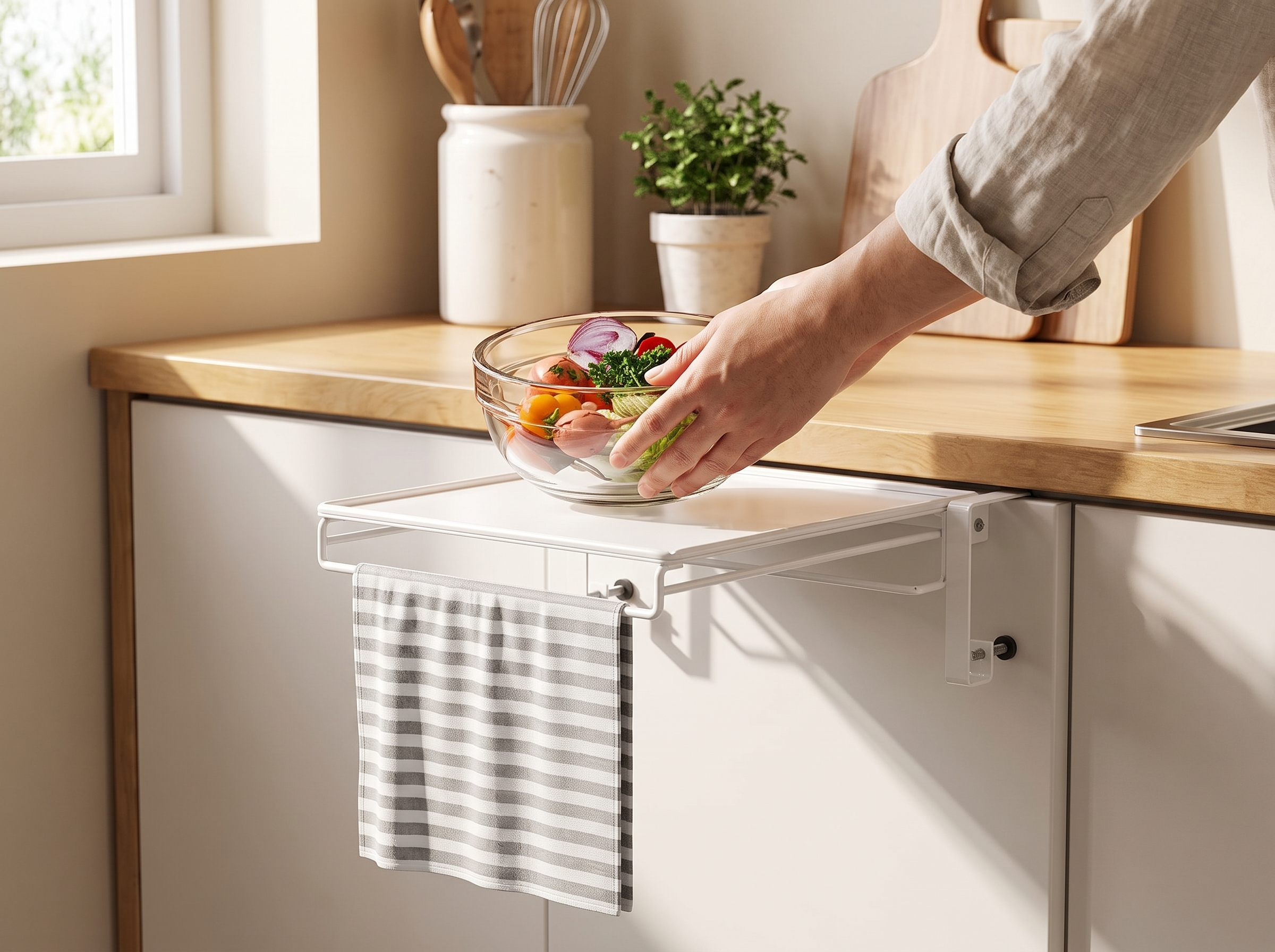 Foldable Over-Cabinet Counter Shelf with Towel Rack — Space-Saving Kitchen Organizer shown in natural everyday use at home