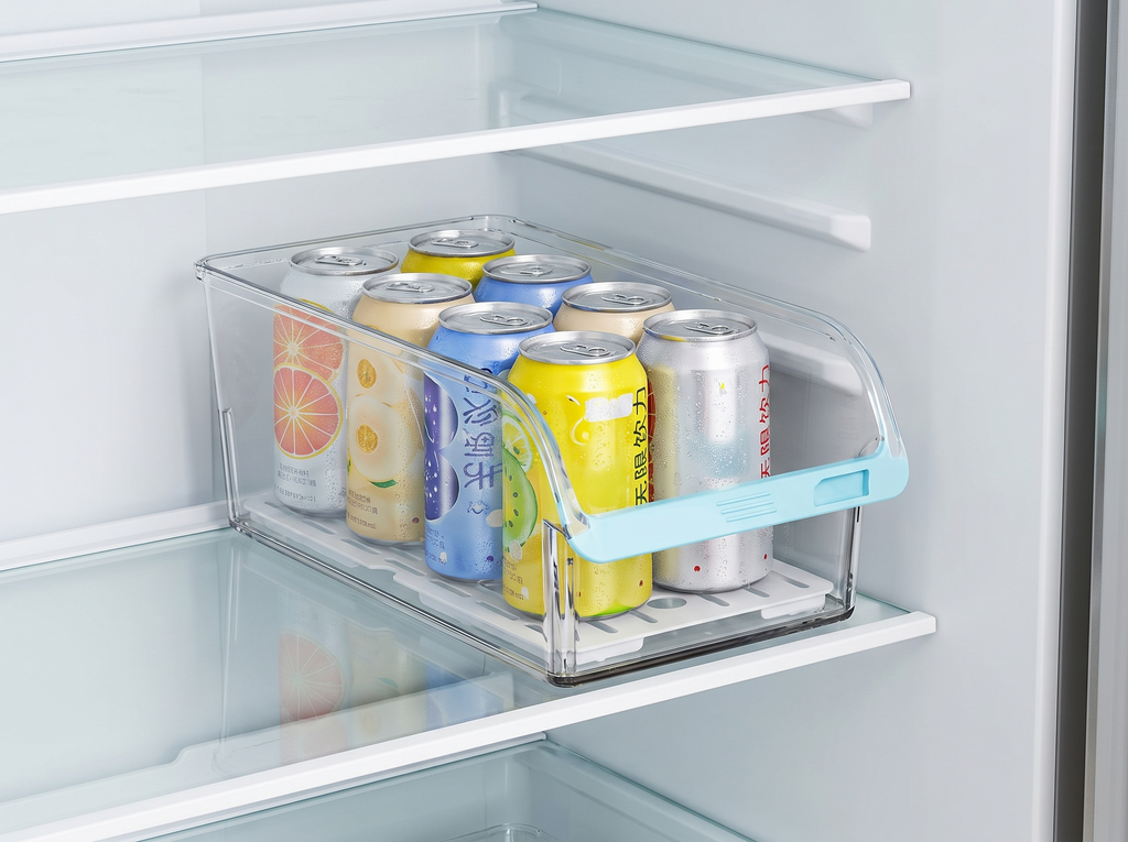 Clear Refrigerator Organizer Bin with Optional Drain Tray for Fruits, Veggies, and Drinks in a realistic home setting
