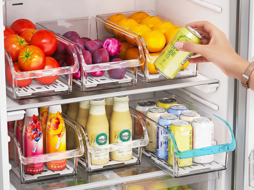 Clear Refrigerator Organizer Bin with Optional Drain Tray for Fruits, Veggies, and Drinks shown in natural everyday use at home