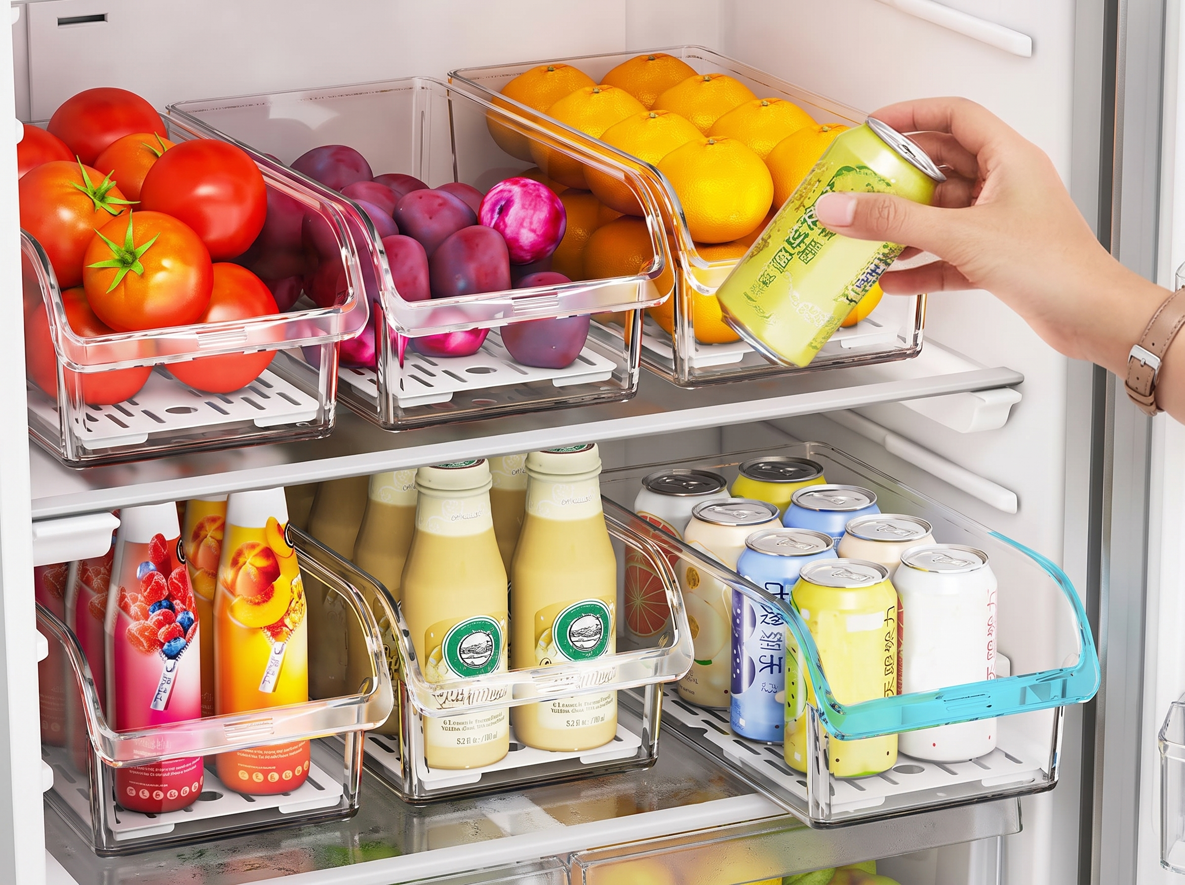 Clear Refrigerator Organizer Bin with Optional Drain Tray for Fruits, Veggies, and Drinks shown in natural everyday use at home