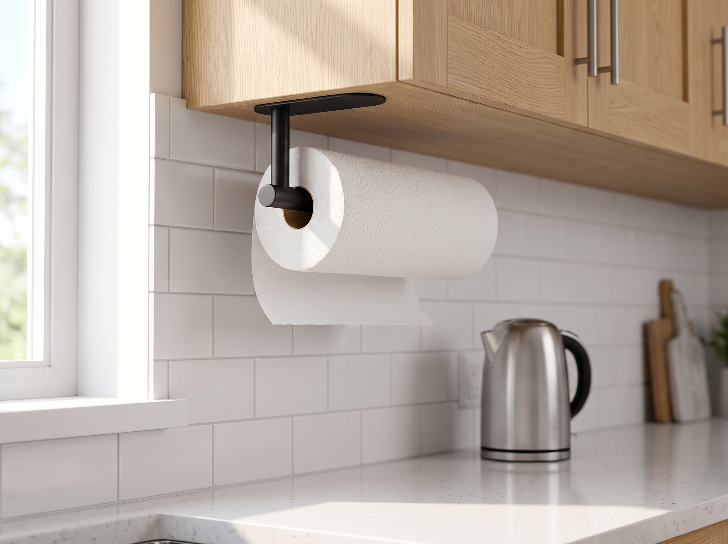 Stainless Steel Adhesive or Screw-Mount Paper Towel Holder for Kitchen & Bath in a realistic home setting