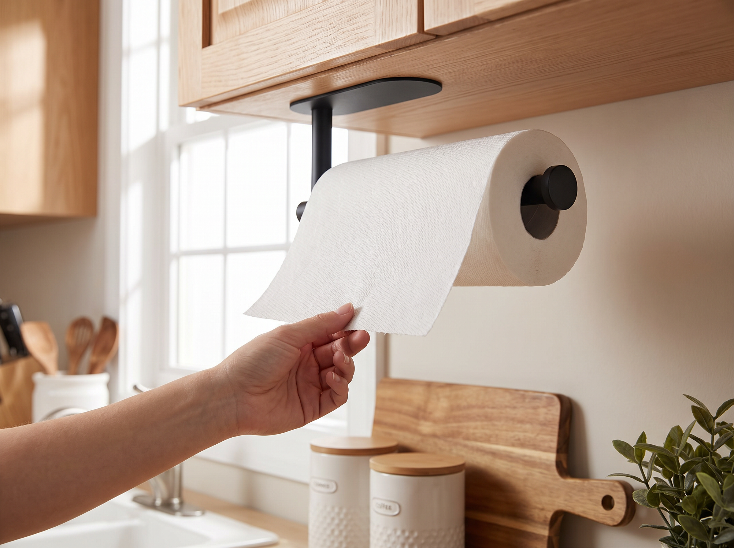 Stainless Steel Adhesive or Screw-Mount Paper Towel Holder for Kitchen & Bath shown in natural everyday use at home