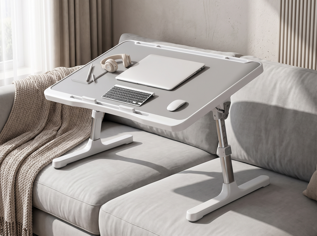Adjustable Foldable Lap Desk in Gray for Bed, Sofa, or Floor Work in a realistic home setting