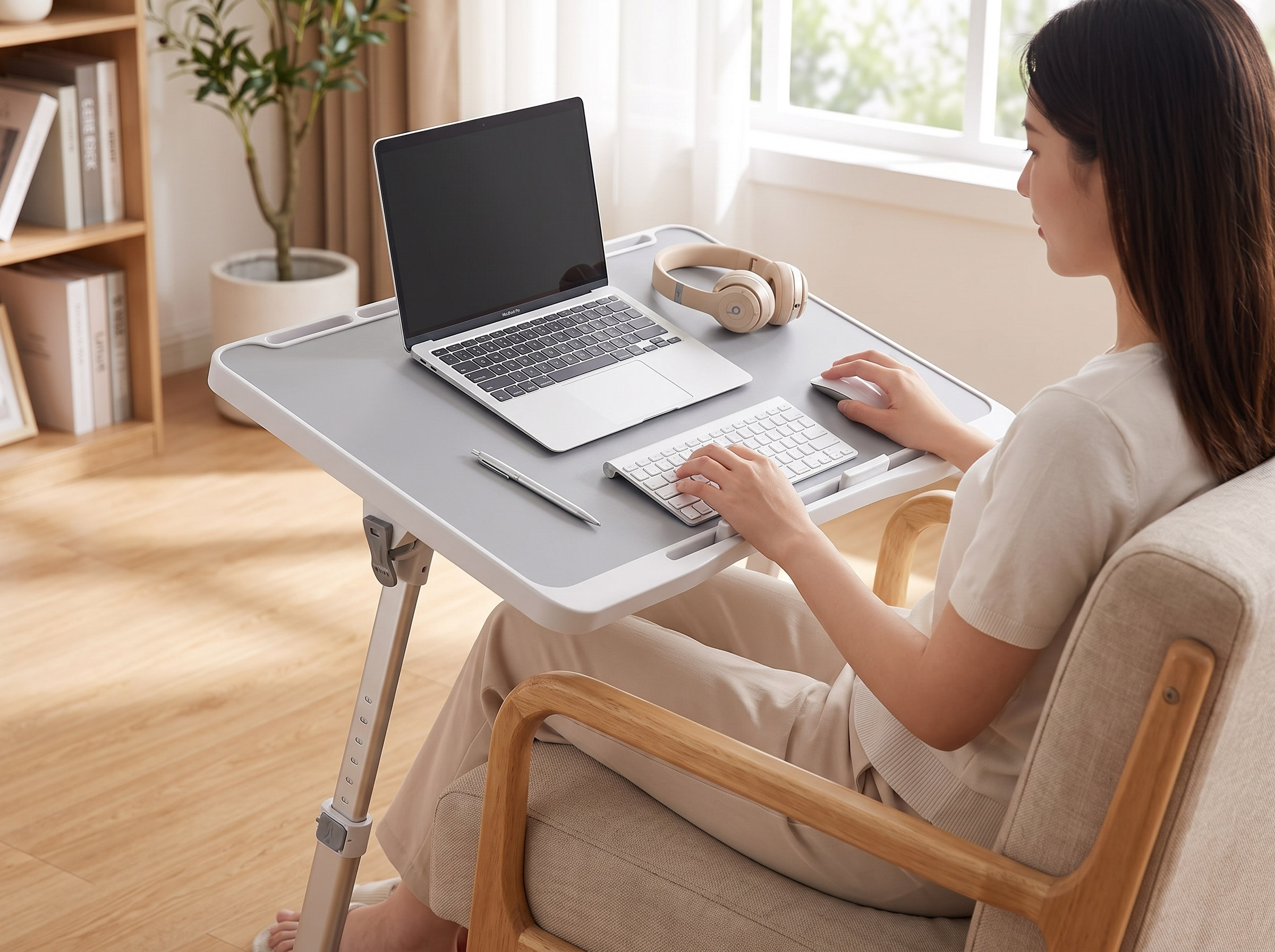 Adjustable Foldable Lap Desk in Gray for Bed, Sofa, or Floor Work shown in natural everyday use at home