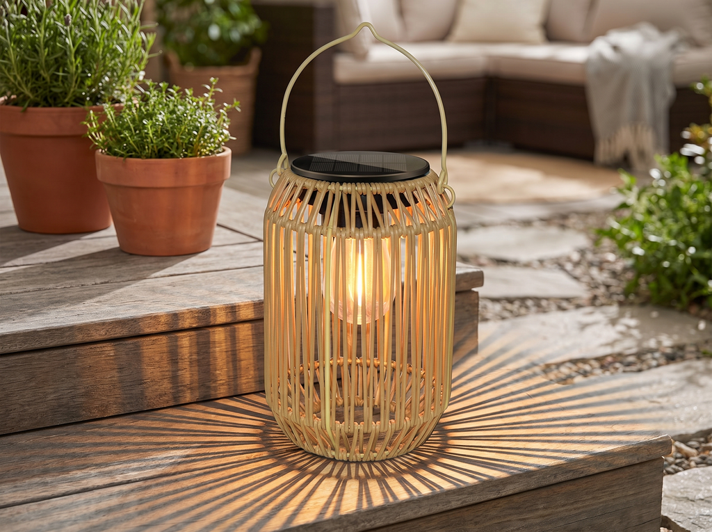 Solar Rattan Lantern with Warm LED Light for Outdoor Garden or Patio in a realistic home setting