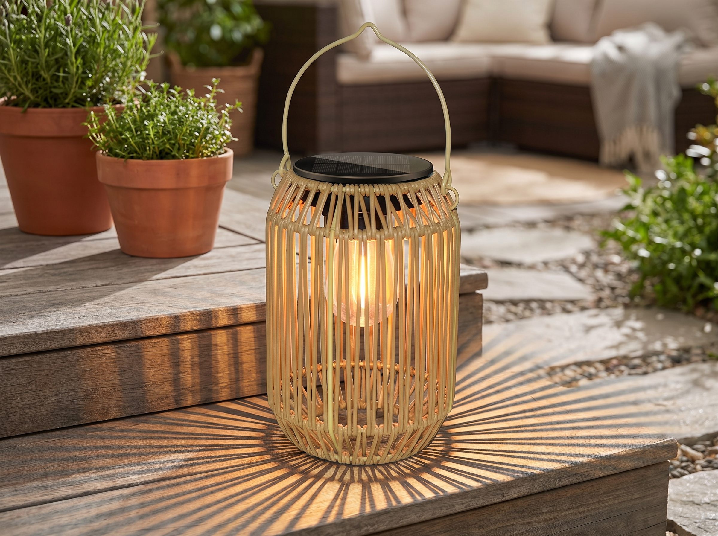 Solar Rattan Lantern with Warm LED Light for Outdoor Garden or Patio in a realistic home setting