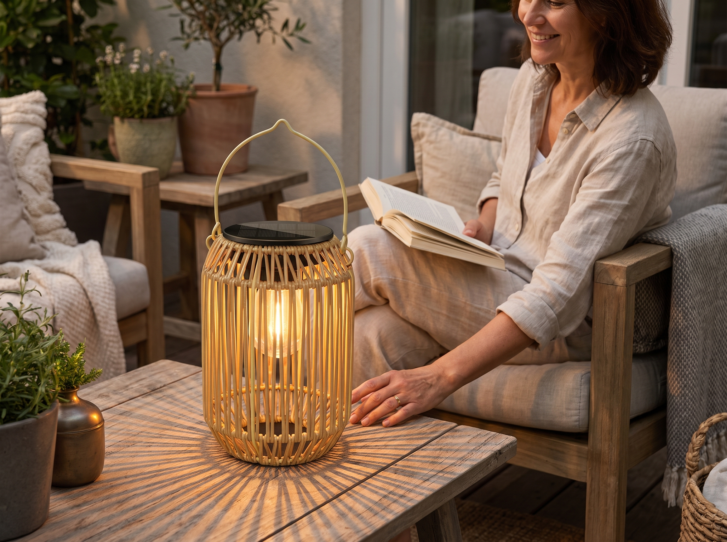 Solar Rattan Lantern with Warm LED Light for Outdoor Garden or Patio shown in natural everyday use at home