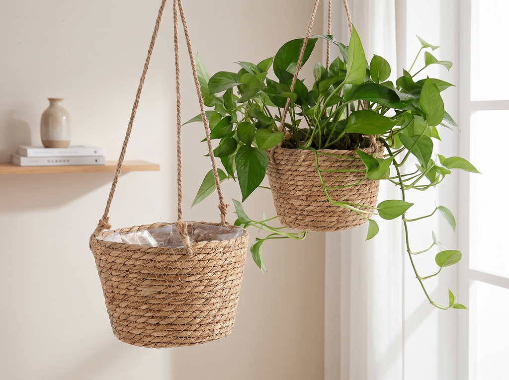 Woven Hanging Planter Basket with Jute Rope for Indoor or Outdoor Display in a realistic home setting