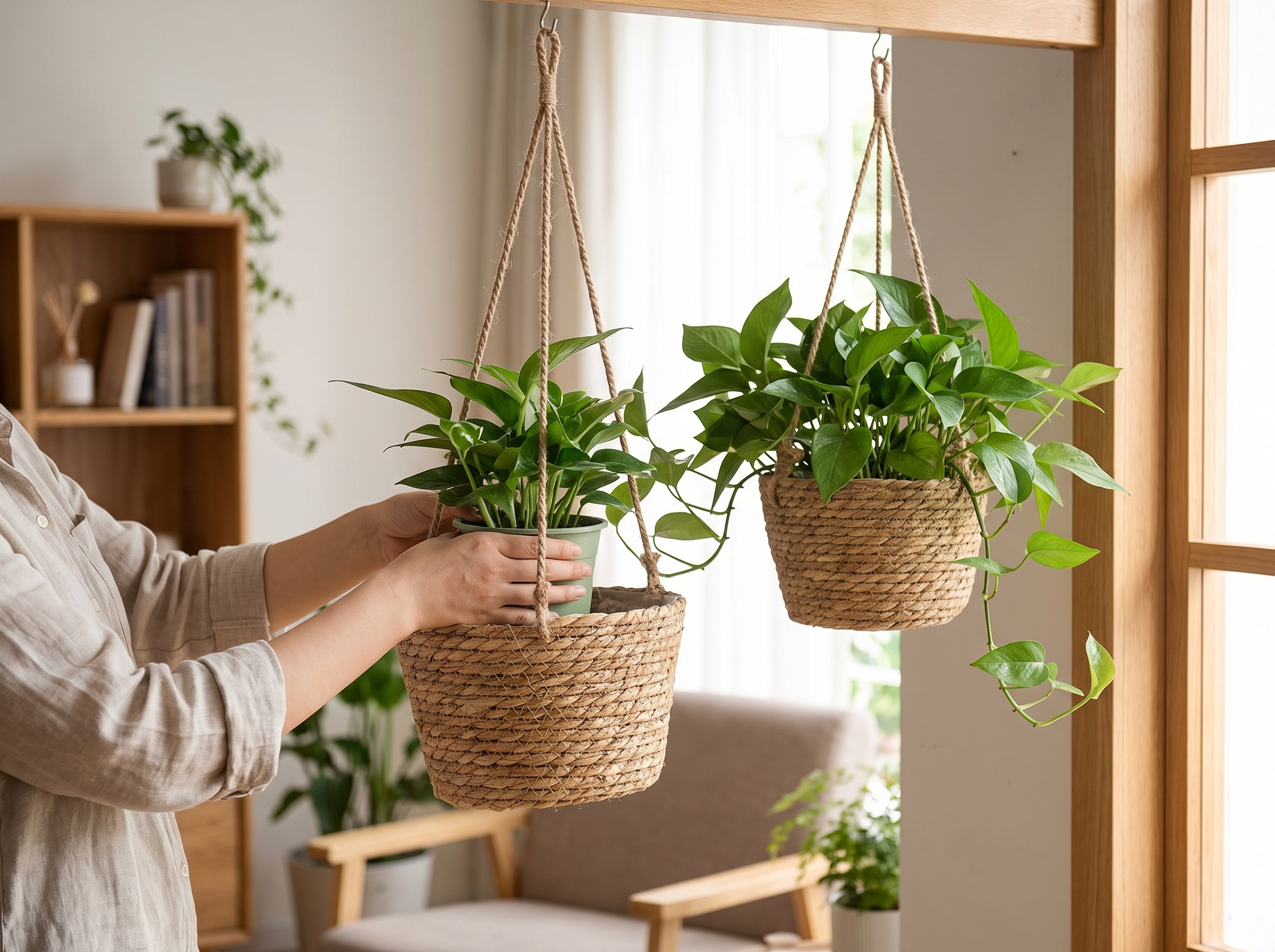 Woven Hanging Planter Basket with Jute Rope for Indoor or Outdoor Display shown in natural everyday use at home