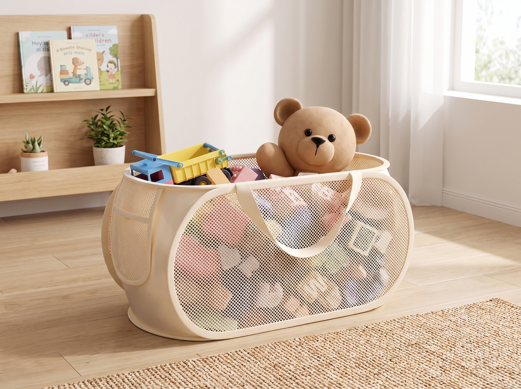 Foldable Mesh Toy Storage Basket with Handles for Playroom or Kids’ Room in a realistic home setting