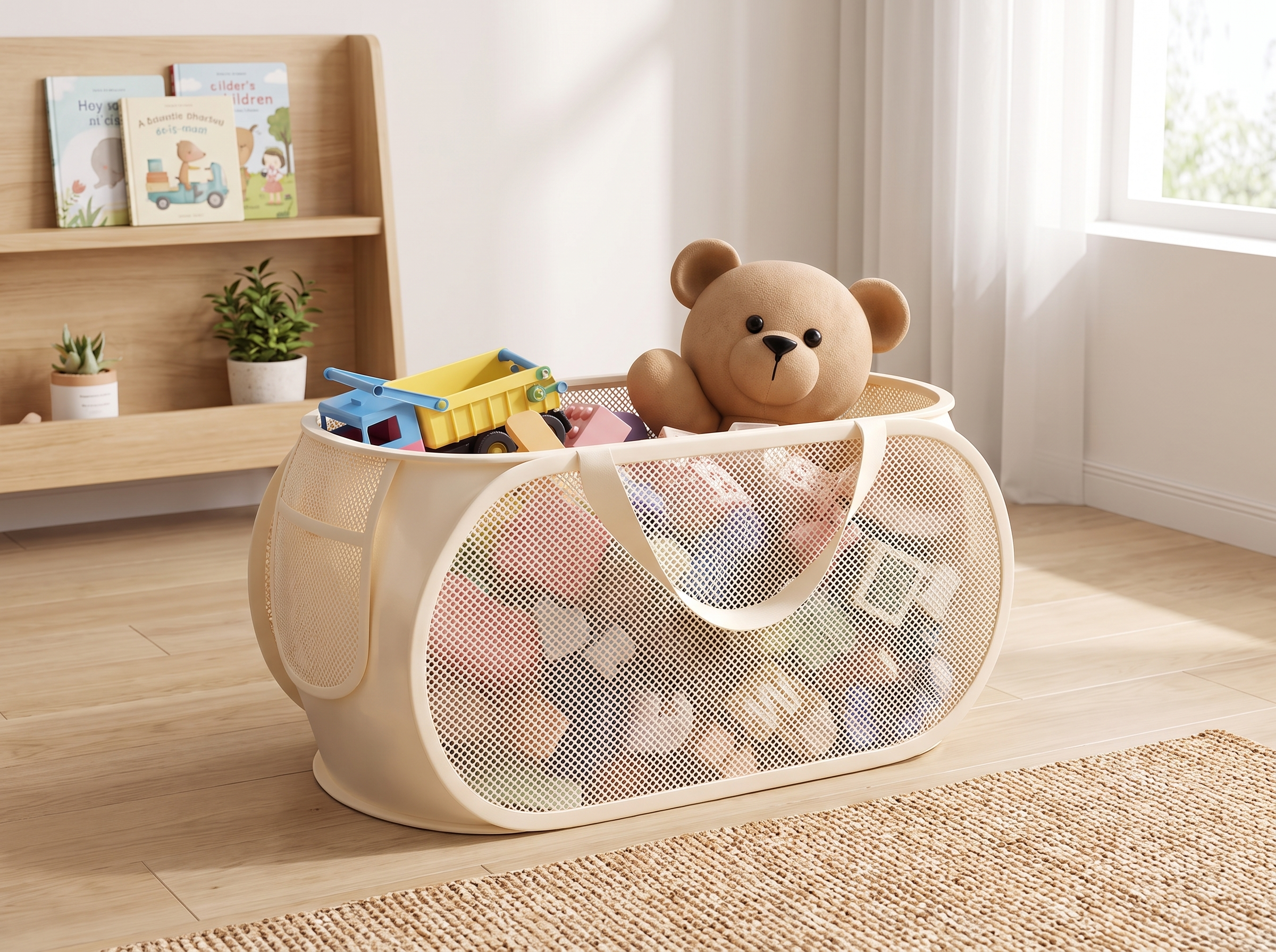 Foldable Mesh Toy Storage Basket with Handles for Playroom or Kids’ Room in a realistic home setting