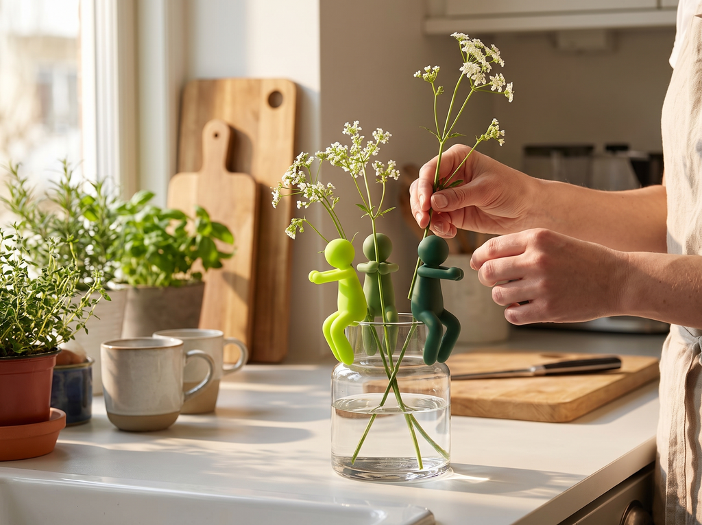 Set of 3 Whimsical Plant Stem Holders for Propagation and Vase Displays shown in natural everyday use at home