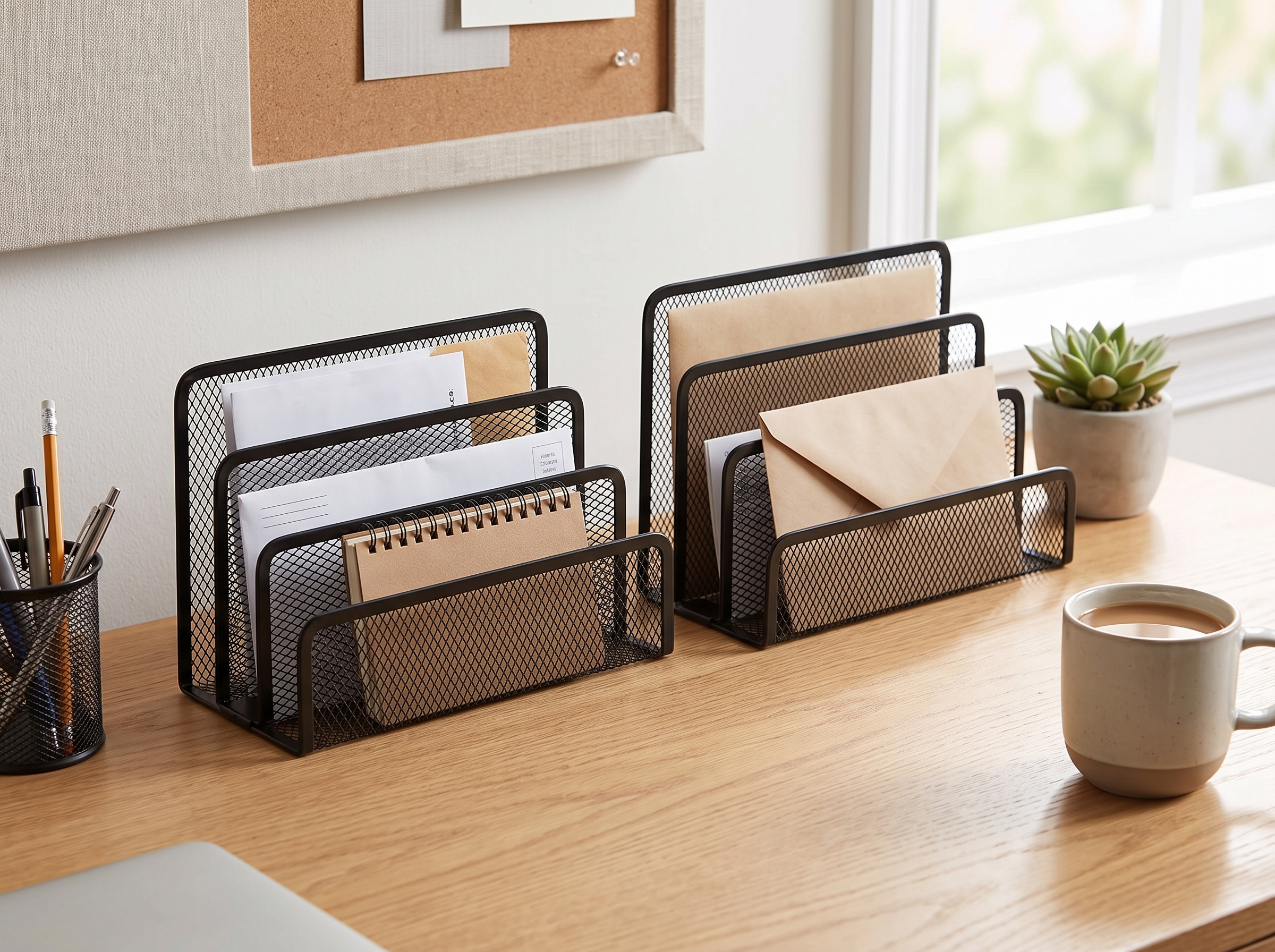 Metal Mesh Desk Mail Organizer, 3 Slot Vertical Letter Holder - 2 Pack in a realistic home setting