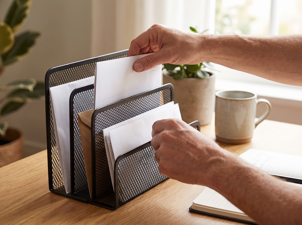 Metal Mesh Desk Mail Organizer, 3 Slot Vertical Letter Holder - 2 Pack shown in natural everyday use at home